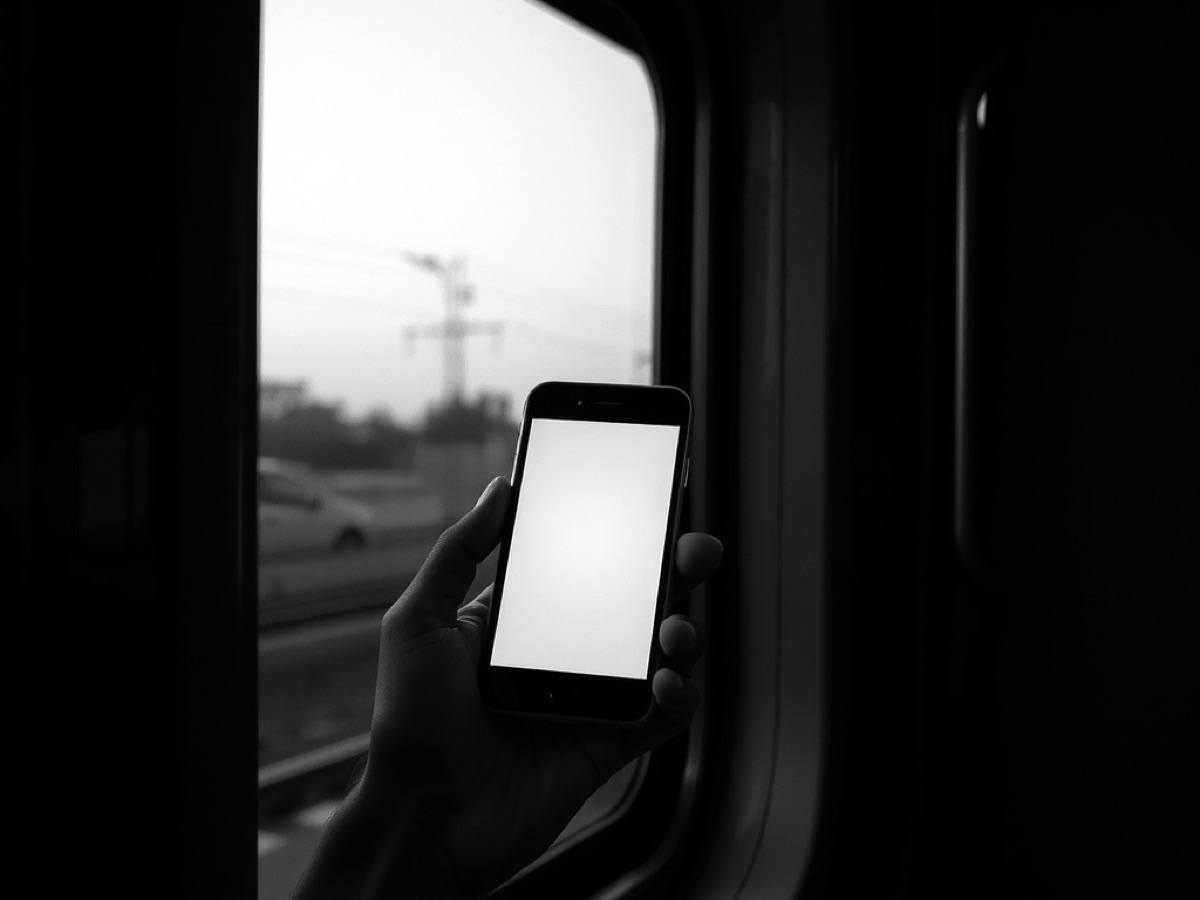 A hand holding a glowing smartphone beside a commuter train window at dusk